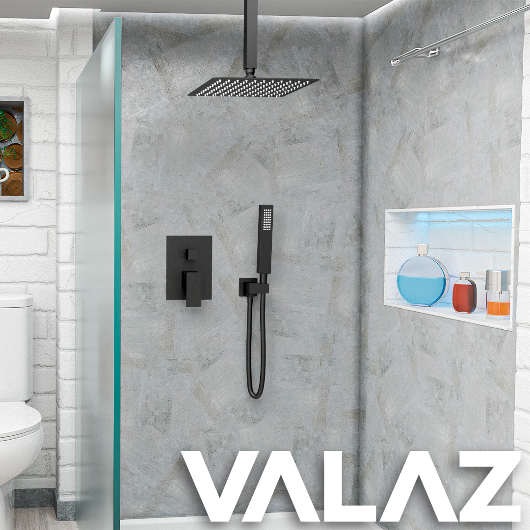 Ducha empotrada monomando techo cuadrada negro mate serie Tajo VALAZ Fabricacion y comercializacion de griferia