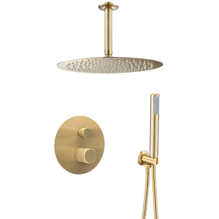 Ducha empotrada monomando techo redonda maneta luxury oro mate con protección PVD - Serie Besaya