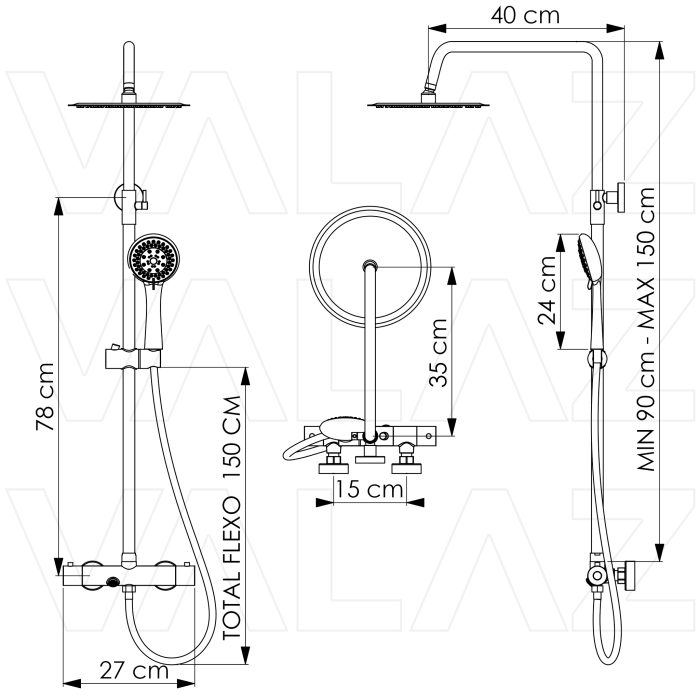 Barra de ducha/bañera termostática redonda ajustable hasta 150CM oro mate con protección PVD - Serie Ebro - Imagen 2