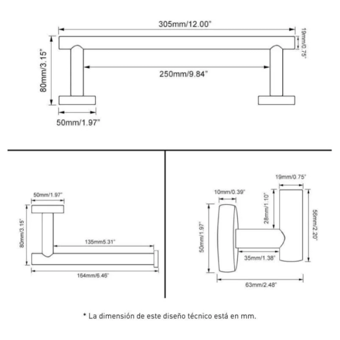 Accesorios de baño en oro  mate cepillado Toallero 30cm+ Percha+ Portarollos - Imagen 2