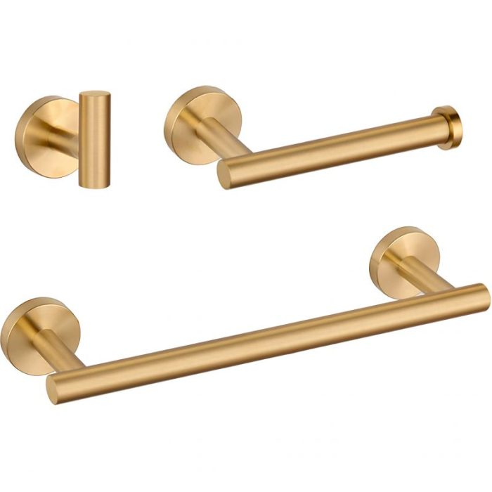 Accesorios de baño en oro  mate cepillado Toallero 30cm+ Percha+ Portarollos