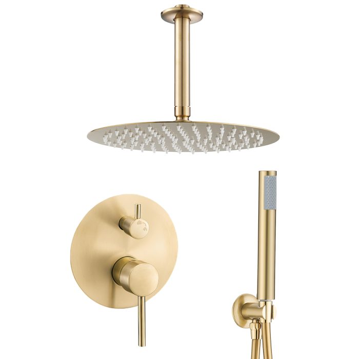 Ducha empotrada monomando a techo redonda oro mate con protección PVD - Serie Jucar