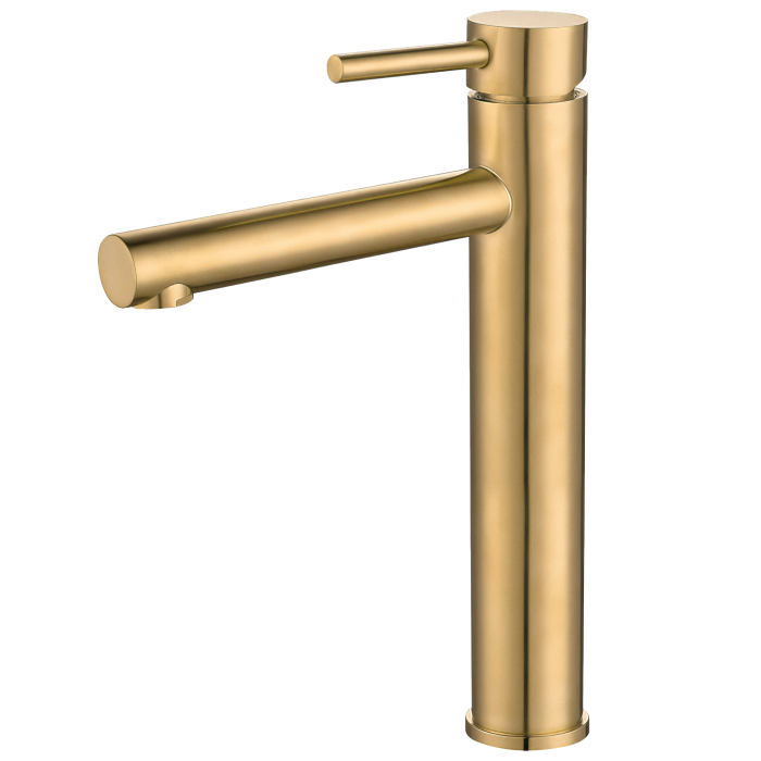 Grifo monomando de lavabo alto para pica redondo oro mate con protección PVD - Serie Palancia