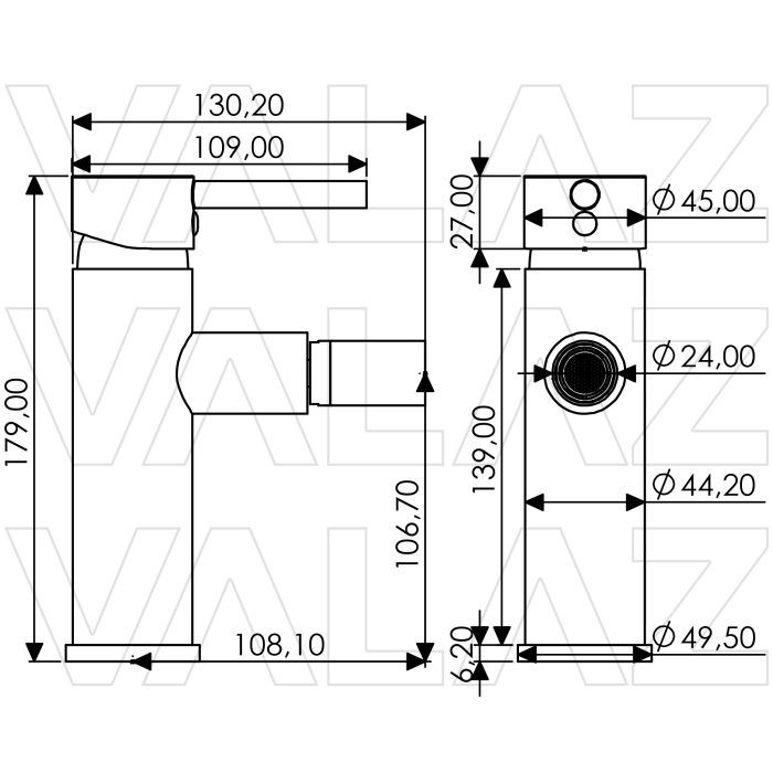 Grifo de bidet monomando redondo caño recto oro mate con protección PVD - Serie Palancia - Imagen 2
