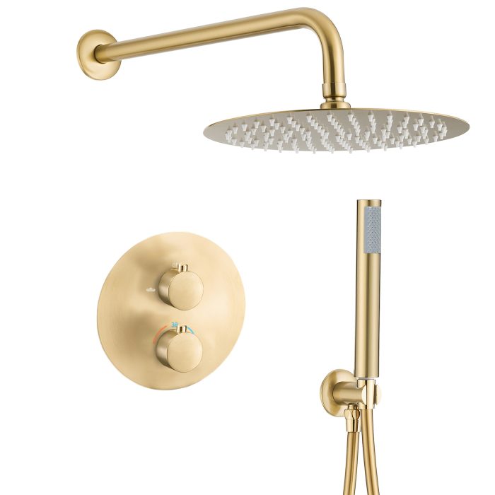 Ducha empotrada termostática pared redonda oro mate con protección PVD - Serie Jucar