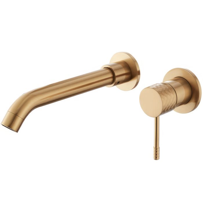 Grifo de lavabo empotrado redondo monomando dorado cepillado acabado maneta luxury con caño 21cm - Serie Ofin