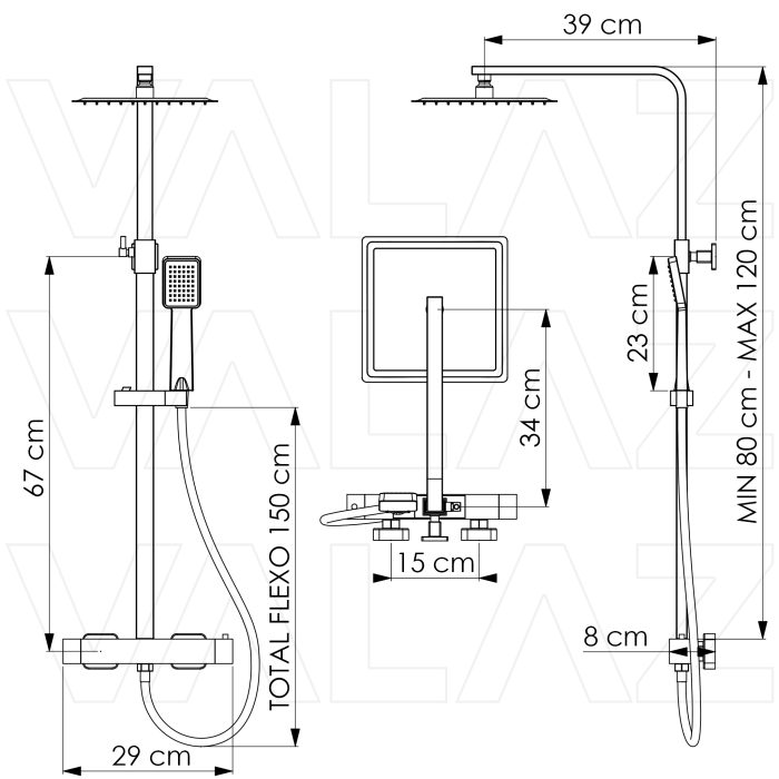 Barra de ducha termostática cuadrada ajustable hasta 120CM dorado cepillado - Serie Segura - Imagen 2