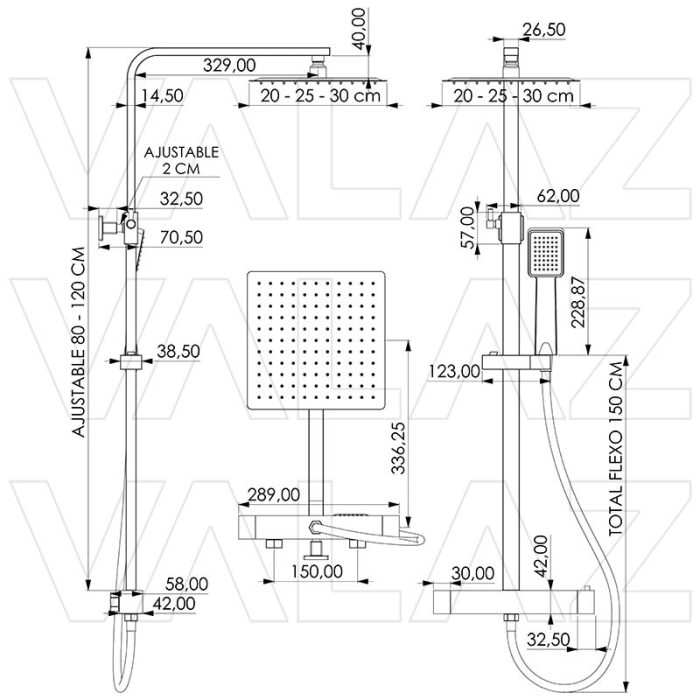 Barra de ducha termostática cuadrada ajustable hasta 120CM dorado cepillado - Serie Segura - Imagen 2