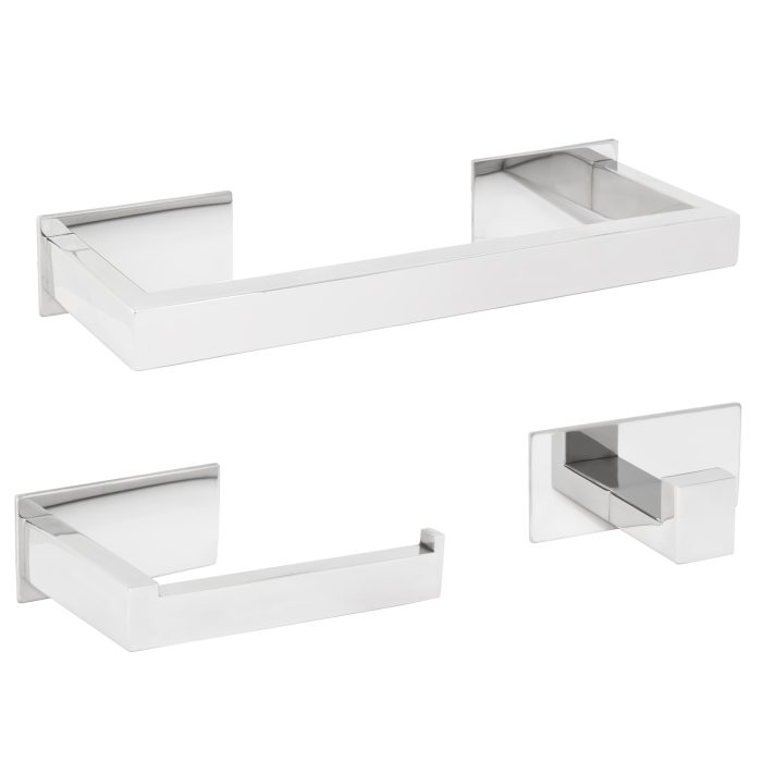 Accesorios de baño adhesivos pegados sin taladro cromado cuadrados Toallero 30cm+ Percha+ Portarollos