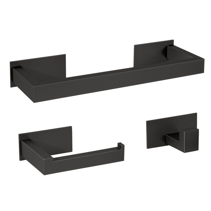 Accesorios de baño adhesivos pegados sin taladro negro mate cuadrados Toallero 30cm+ Percha+ Portarollos