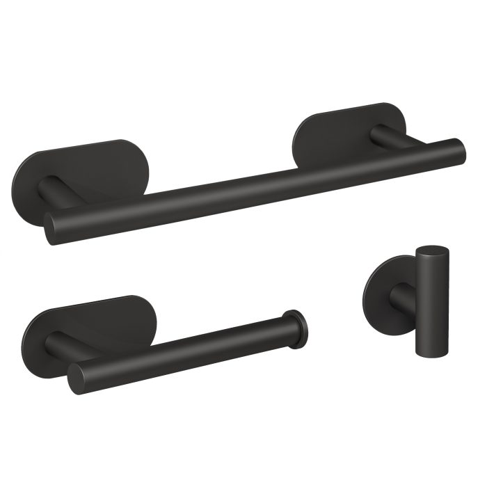 Accesorios de baño adhesivos pegados sin taladro negro mate Toallero 30cm+ Percha+ Portarollos