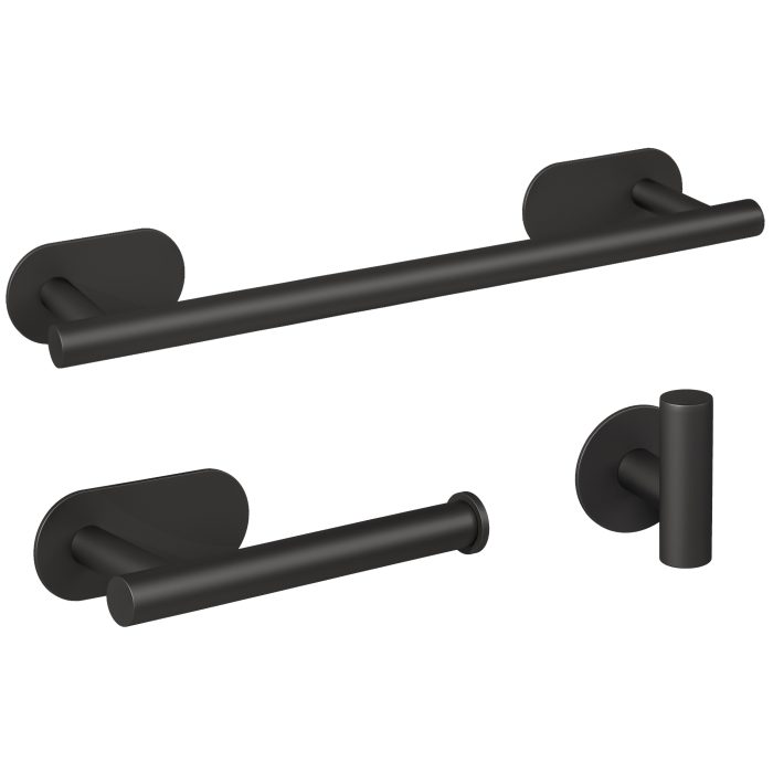 Accesorios de baño adhesivos pegados sin taladro negro mate Toallero 40cm+ Percha+ Portarollos