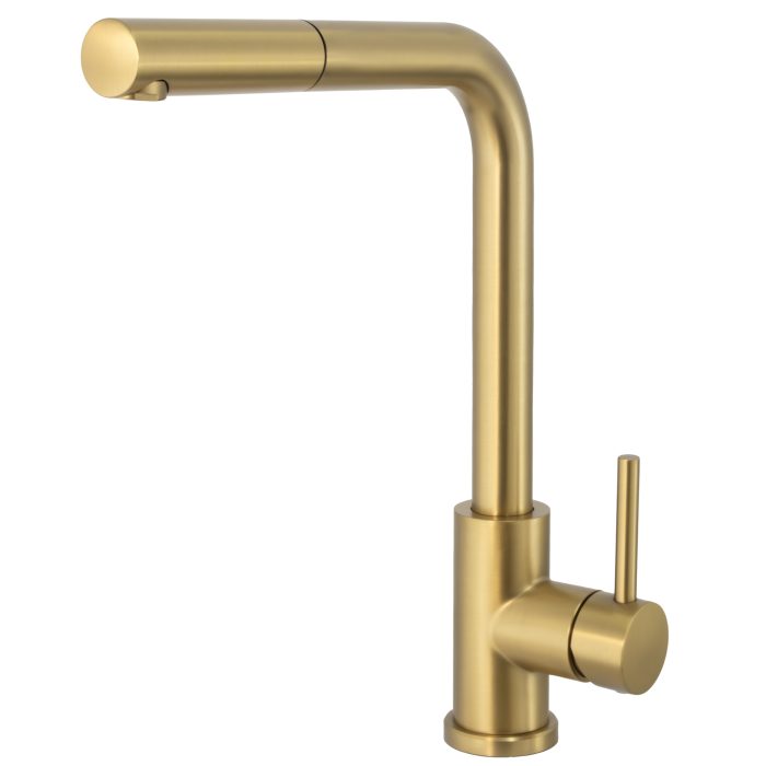 Grifo de cocina extraíble redondo oro mate con protección PVD - Serie Amur
