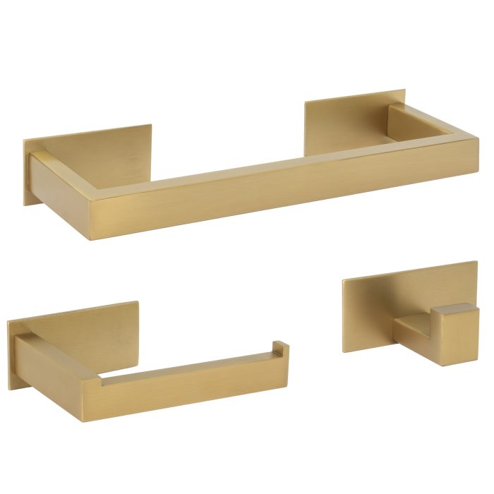Accesorios de baño adhesivos pegados sin taladro oro mate con protección PVD cuadrados Toallero 30cm+ Percha+ Portarollos