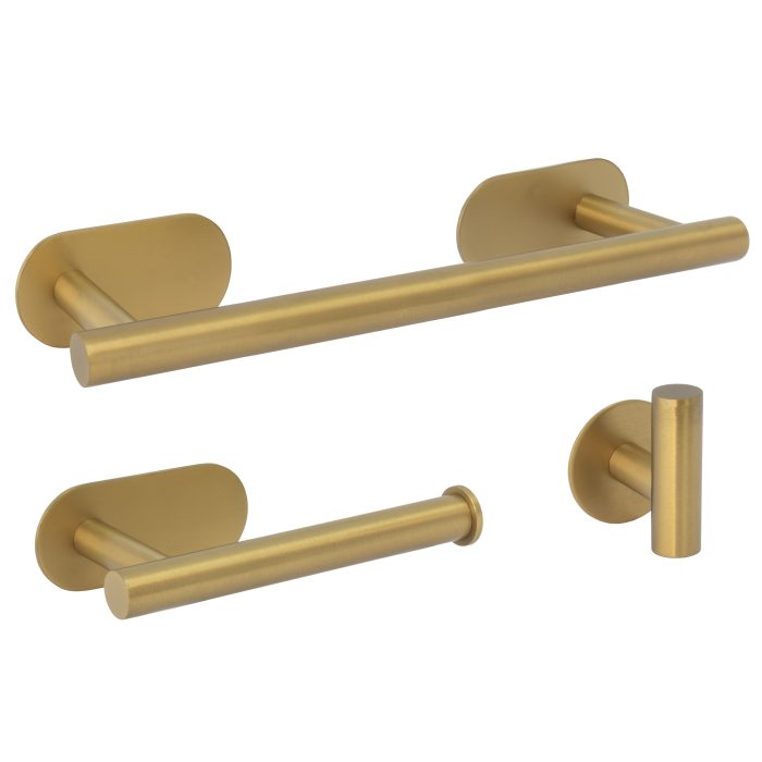 Accesorios de baño adhesivos oro mate cepillado pegados Toallero 30cm+ Percha+ Portarollos