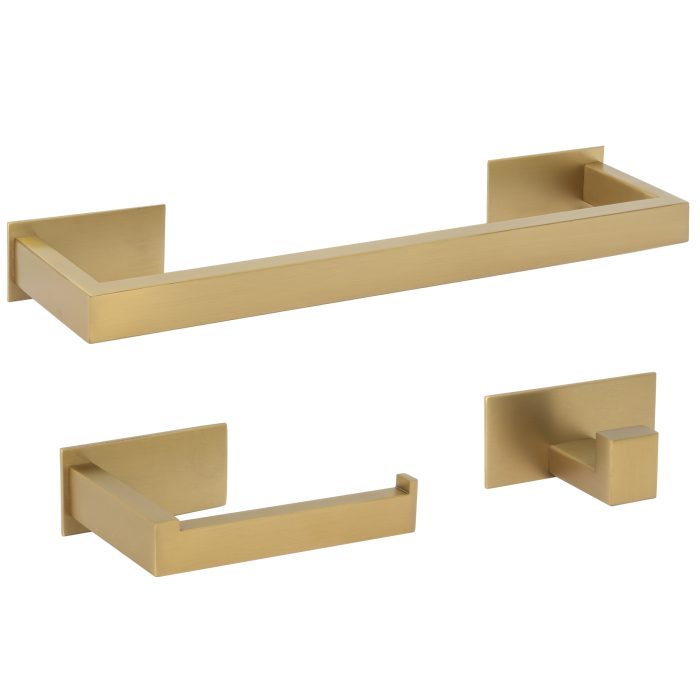 Accesorios de baño adhesivos oro mate cepillado pegados cuadrados Toallero 40cm+ Percha+ Portarollos