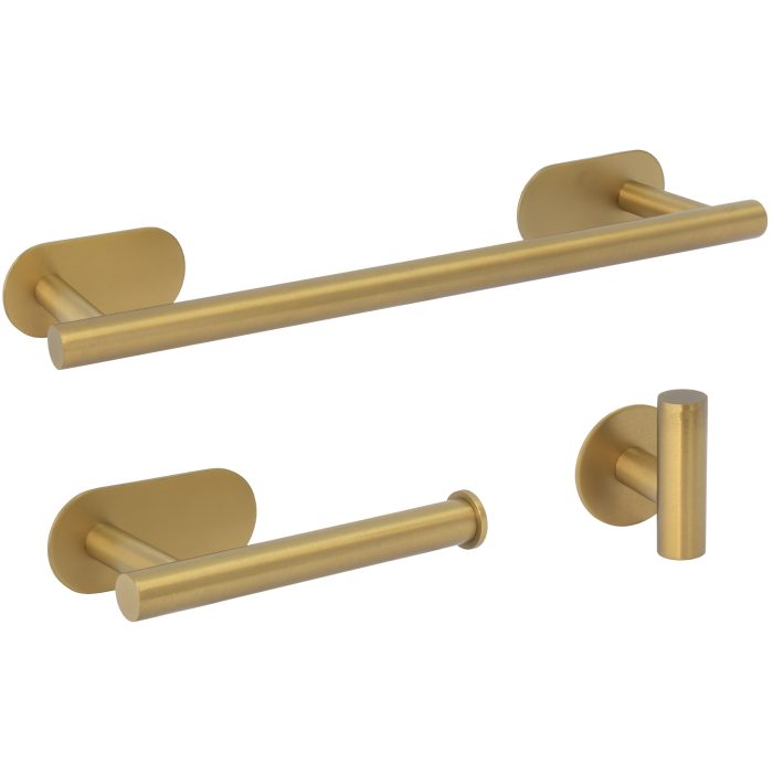 Accesorios de baño adhesivos pegados sin taladro oro mate con protección PVD redondo Toallero 40cm+ Percha+ Portarollos