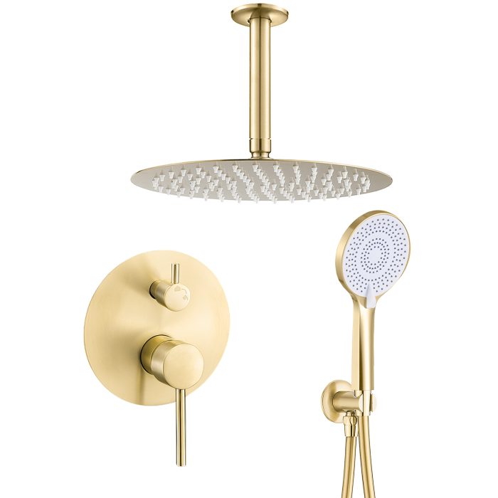 Ducha empotrada monomando techo redonda oro mate con protección PVD con maneta ancha - Serie Cabriel