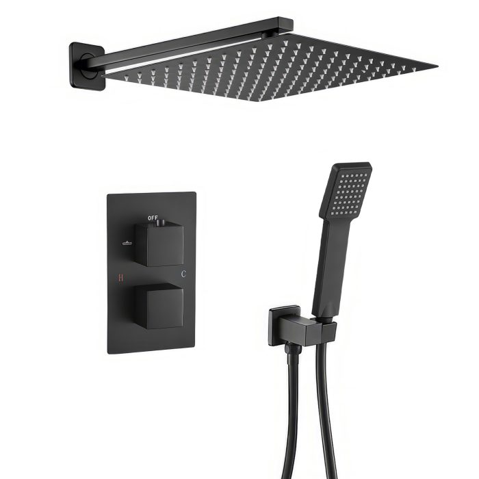 Ducha empotrada termostática a pared cuadrada negro mate - Serie Eresma