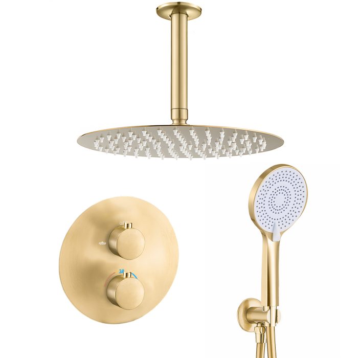 Ducha empotrada termostática techo redonda oro mate con protección PVD - Serie Cabriel