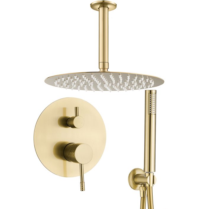 Ducha empotrada monomando techo redonda acabado maneta luxury dorado cepillado - Serie Ofin