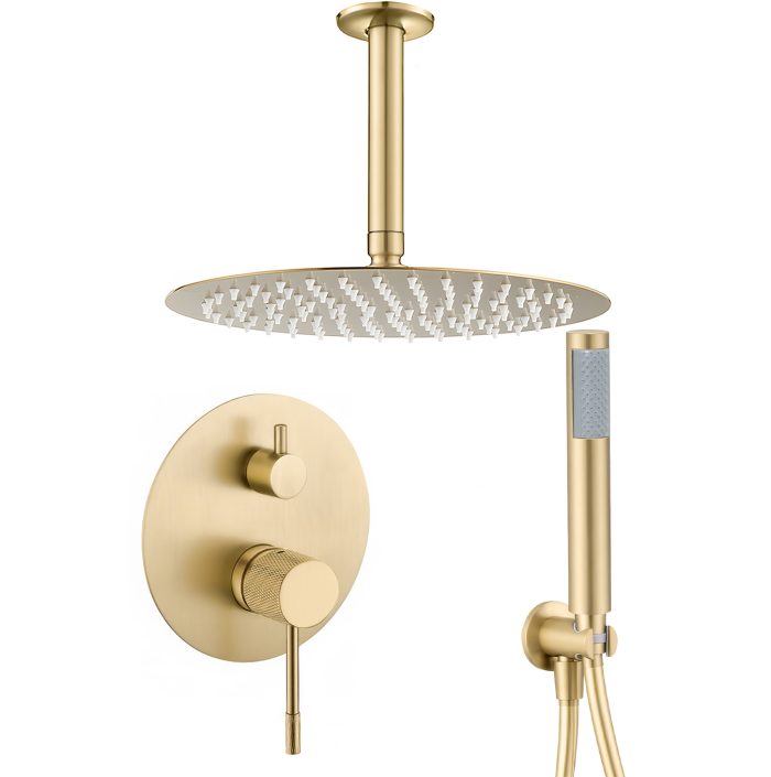 Ducha empotrada monomando techo redonda acabado maneta luxury oro mate con protección PVD - Serie Torina