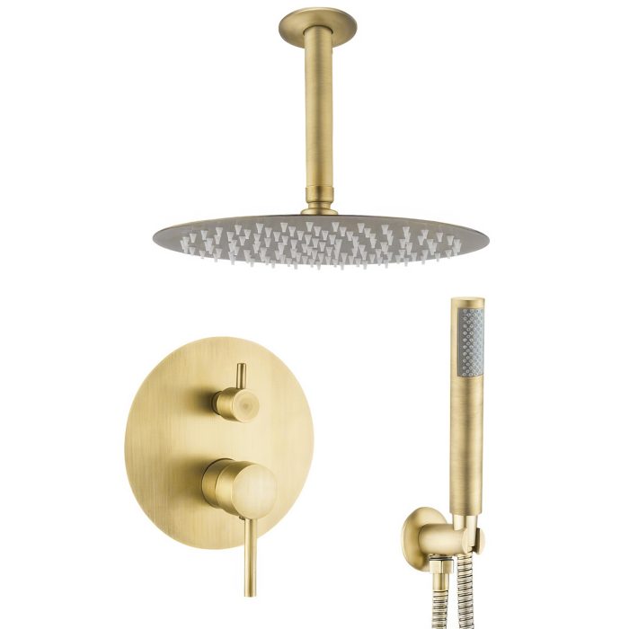 Ducha empotrada monomando techo redonda dorado envejecido - Serie Jucar