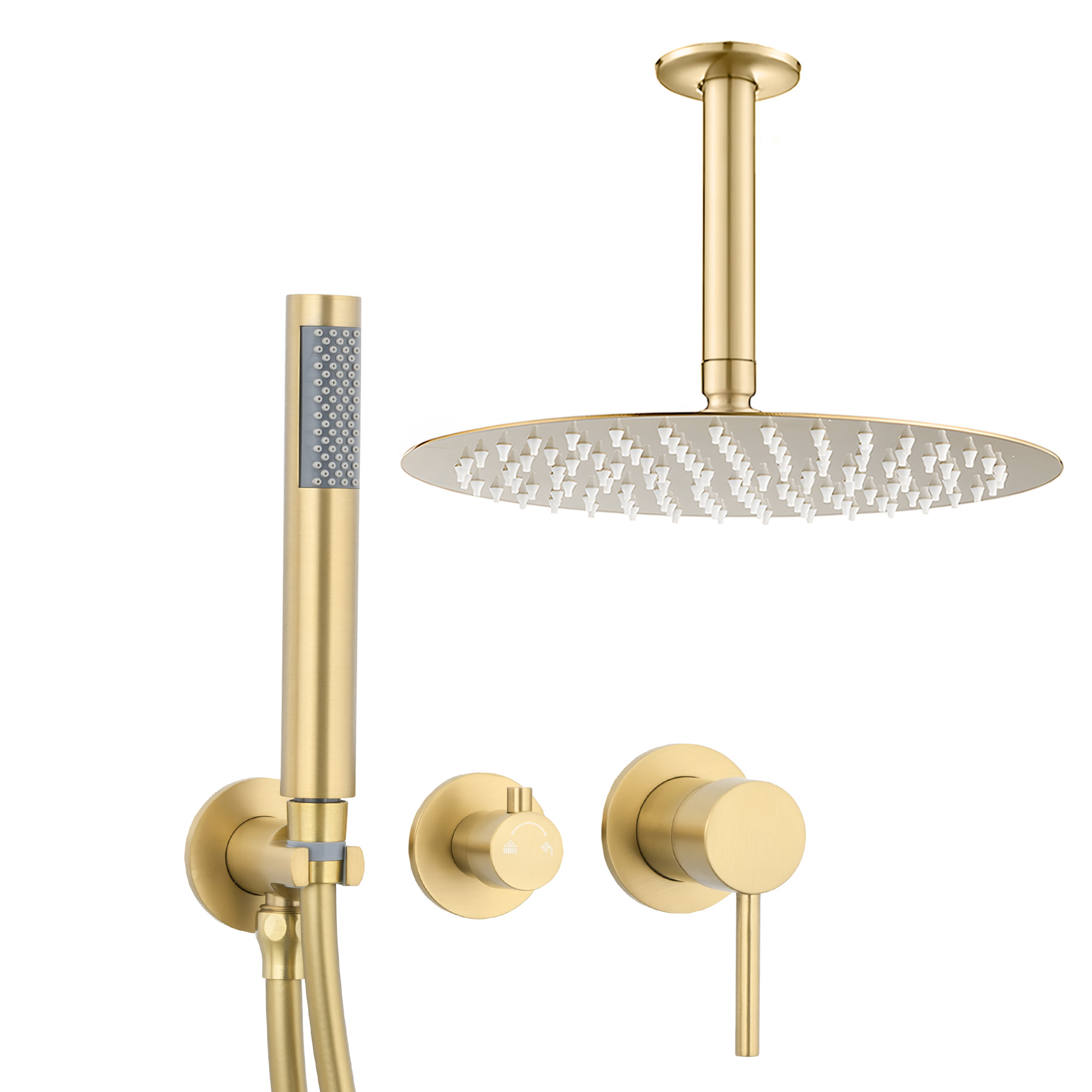 Ducha empotrada monomando redonda a techo oro mate - Serie Guadiana